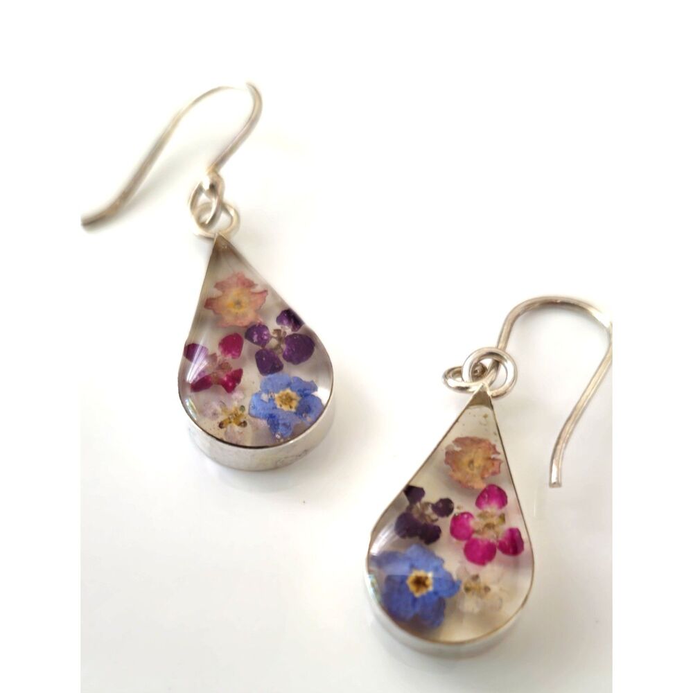 925 Sterling ATI Mexico Real Pressed Flower Resin Teardrop Dangle Earrings